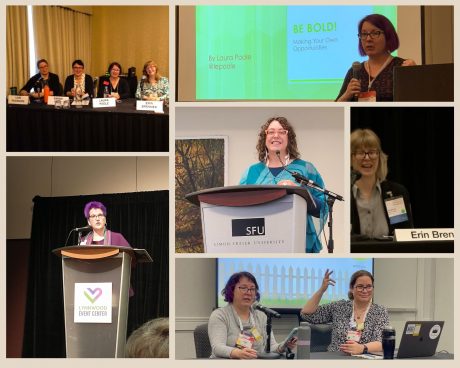Clockwise from top: Laura Poole speaking at ACES, Adrienne Montgomerie as keynote at Editors Canada, Erin Brenner speaking at Red Pencil, Laura Poole and Lori Paximadis speaking at ACES, Amy J. Schneider as keynote at Red Pencil, and Lori Paximadis, Sarah Grey, Laura Poole, and Erin Brenner speaking at ACES