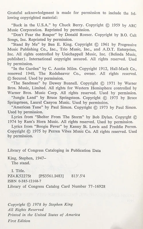 Copyright page from a Stephen King novel, listing permission to quote song lyrics.