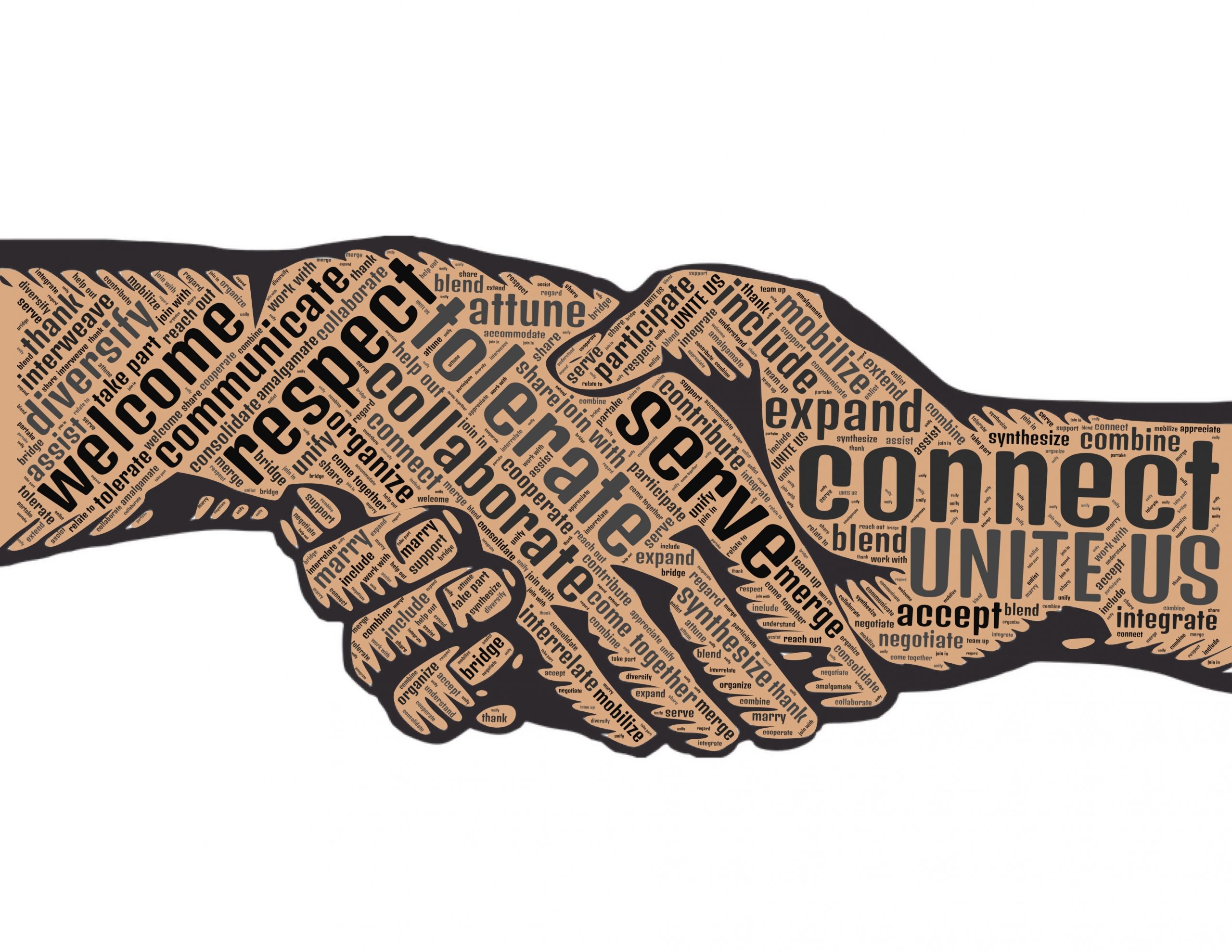 A conceptual illustration of two hands shaking, where the handshake is formed by a collage of interconnected words related to cooperation, such as 'respect,' 'connect,' 'unite,' 'tolerate,' and 'collaborate,' set against a light background.